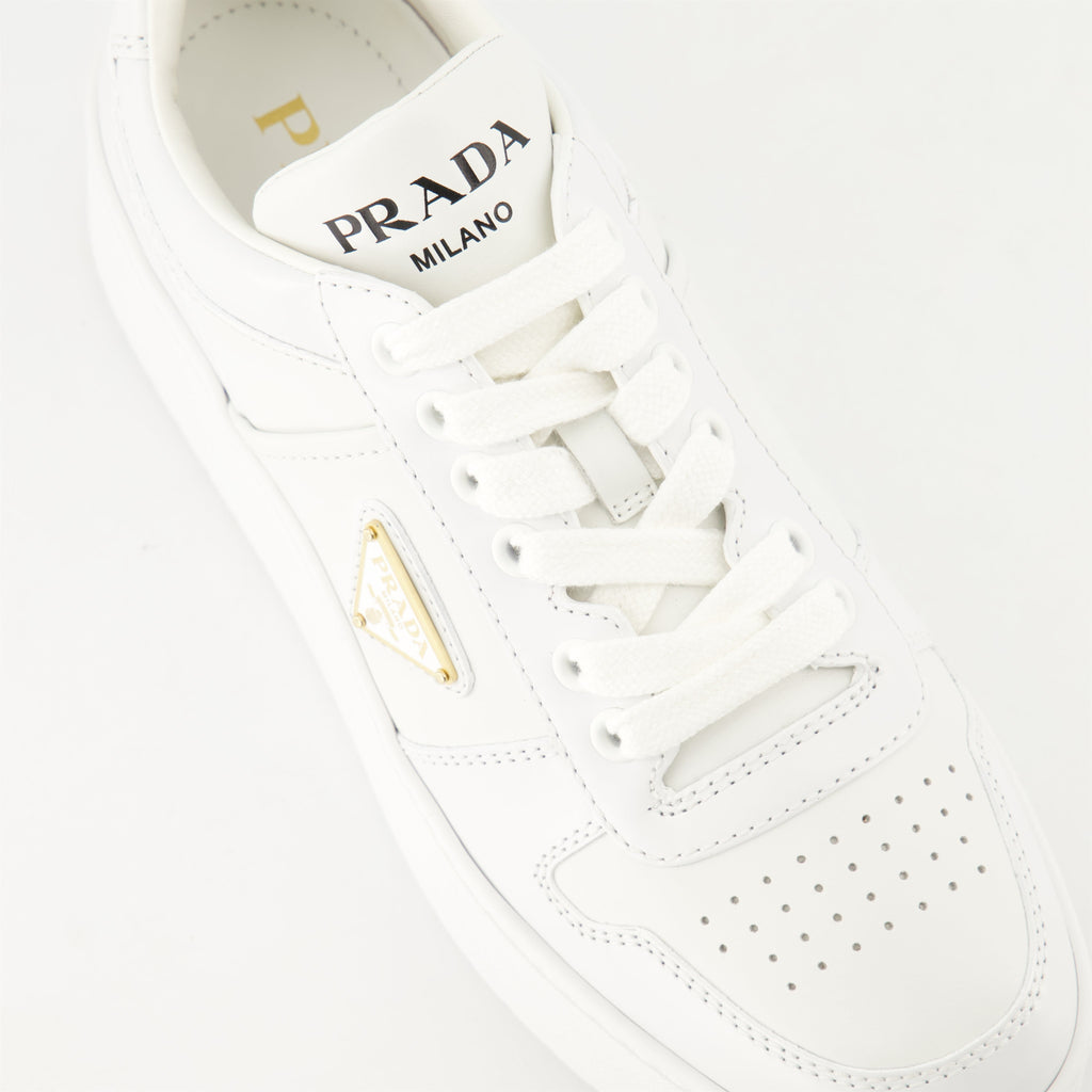 white sneakers, Prada Downtown Bold, platform shoes, smooth leather sneakers, geometric perforations