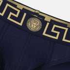 Versace briefs, navy blue Greca, Medusa underwear, men's fashion, cotton elastane blend