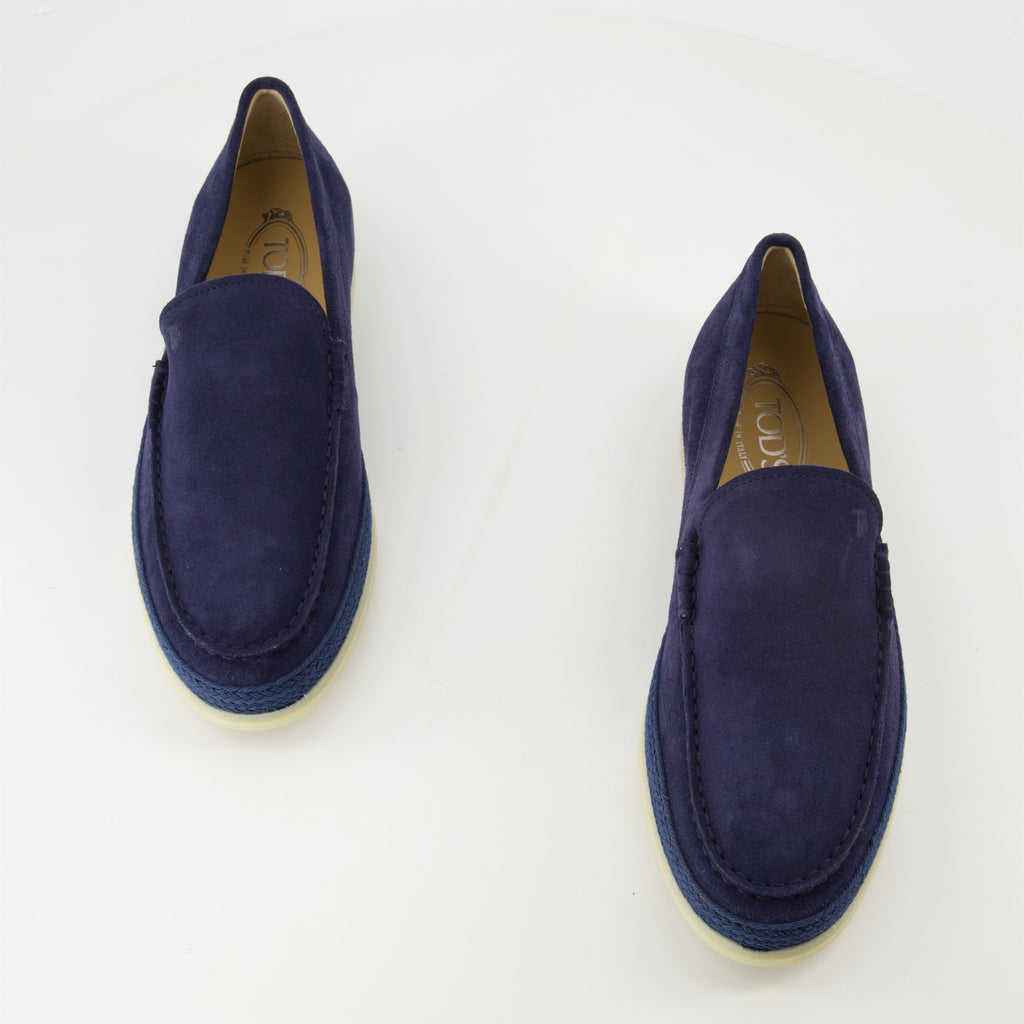 blue suede moccasins, slip-on shoes, gum sole, artisanal detail, contemporary footwear