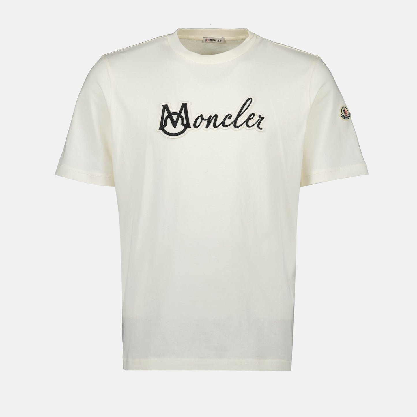 Moncler T-shirt, embroidered logo shirt, white cotton T-shirt, Spring Summer 2025 collection, men's fashion