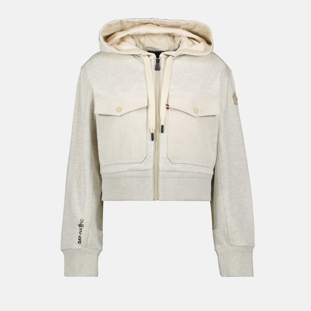 Moncler Grenoble, zip sweatshirt, cotton blend, beige sweatshirt, contemporary fashion