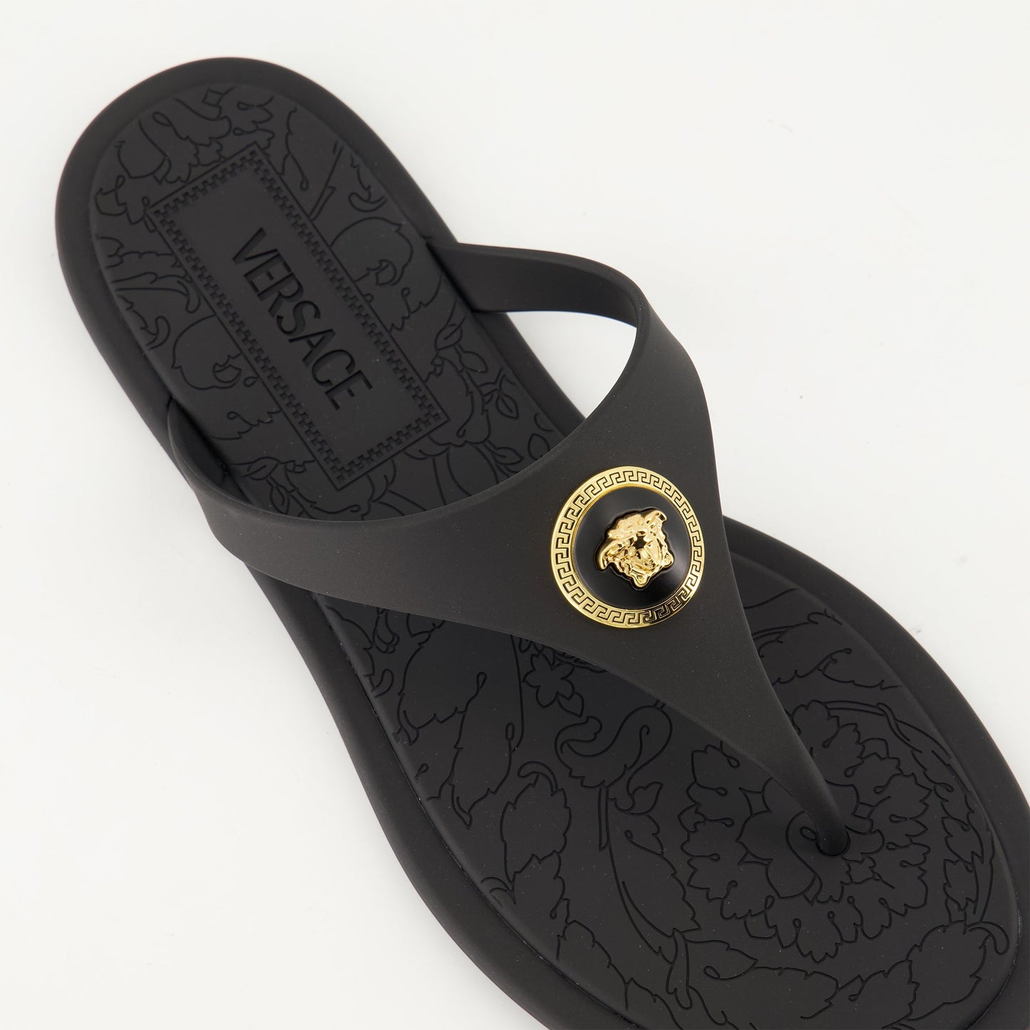 Alia slides, Versace slides, luxury black slides, rubber slides, designer footwear