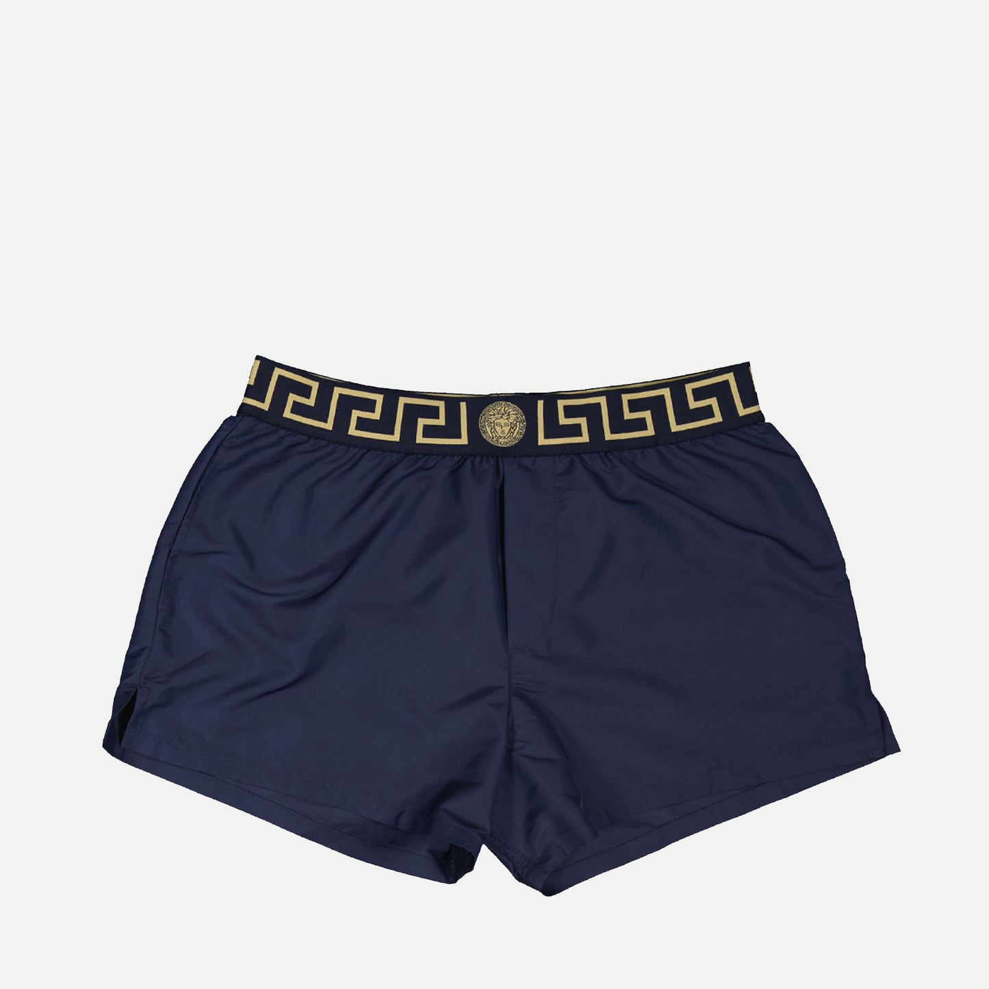 Versace swim shorts, Greca motif shorts, recycled swimwear, eco-friendly fashion, luxury beachwear