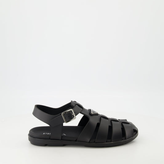 fisherman sandals, black rubber sandals, Prada footwear, adjustable sandals, casual footwear