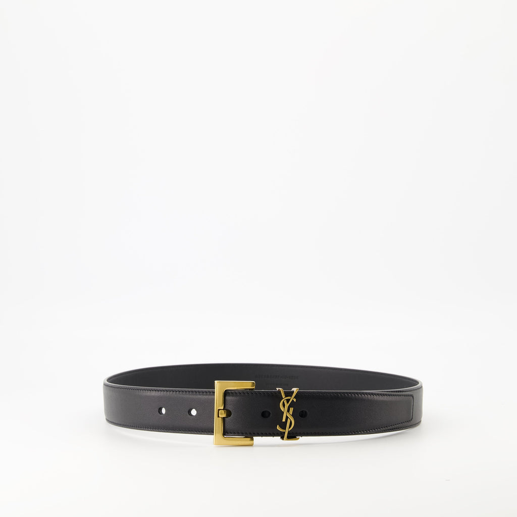 black leather belt, Saint Laurent belt, Cassandre logo belt, adjustable belt, luxury accessories