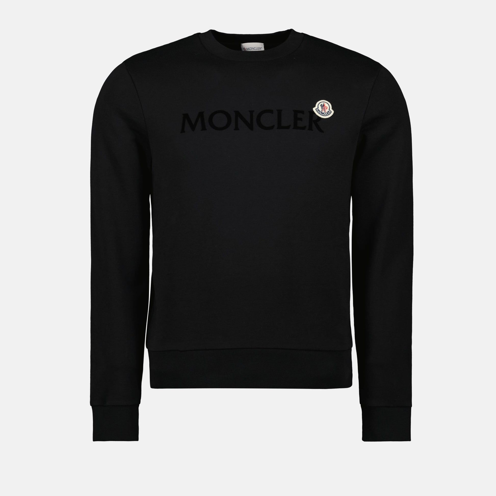 Moncler sweatshirt, black cotton sweatshirt, logo sweatshirt, crew neck sweatshirt, men's fashion sweatshirt