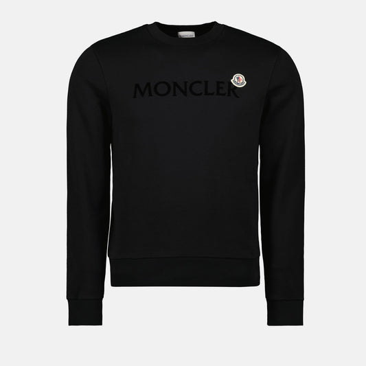 Moncler sweatshirt, black cotton sweatshirt, logo sweatshirt, crew neck sweatshirt, men's fashion sweatshirt