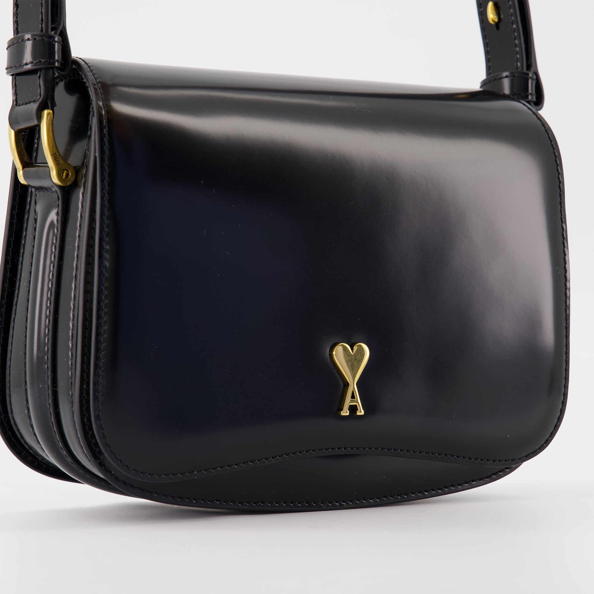 Ami Paris bag, black leather bag, unisex accessory, adjustable shoulder strap, calf leather handbag