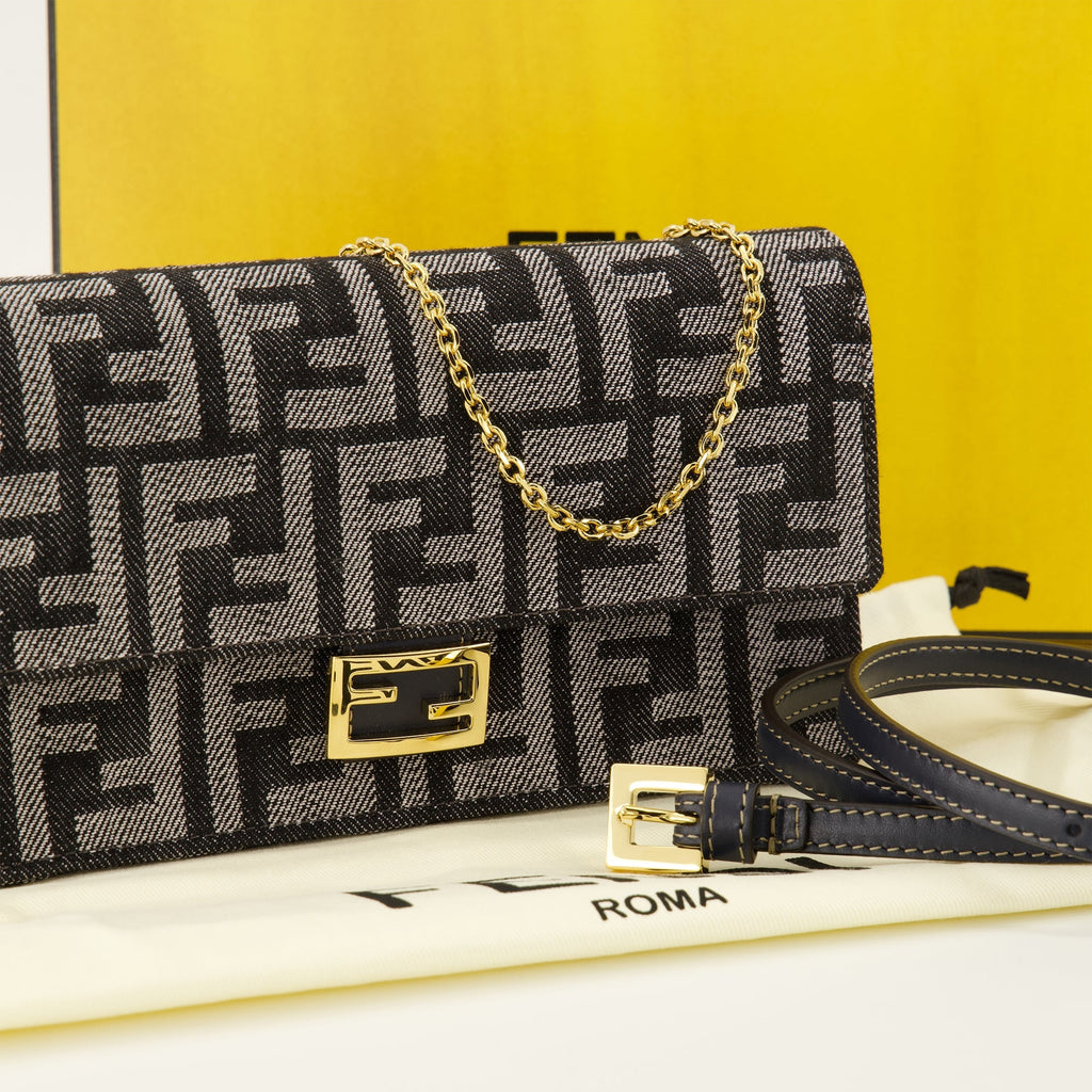 Fendi baguette wallet, denim wallet, designer accessories, chic handbag, Autumn-Winter collection 2025