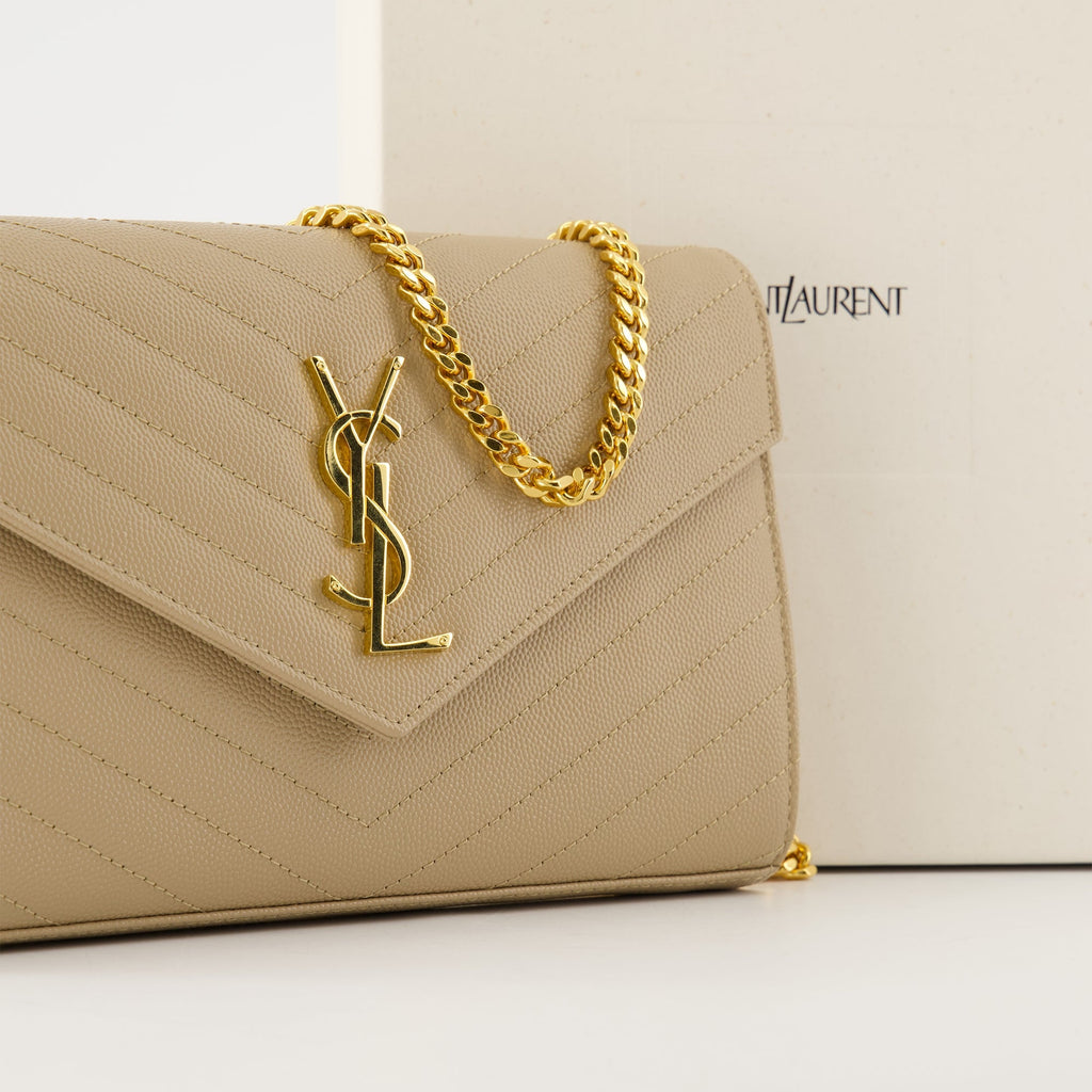 Saint Laurent wallet, Cassandre Chain Wallet, beige leather wallet, designer accessories, luxury handbags