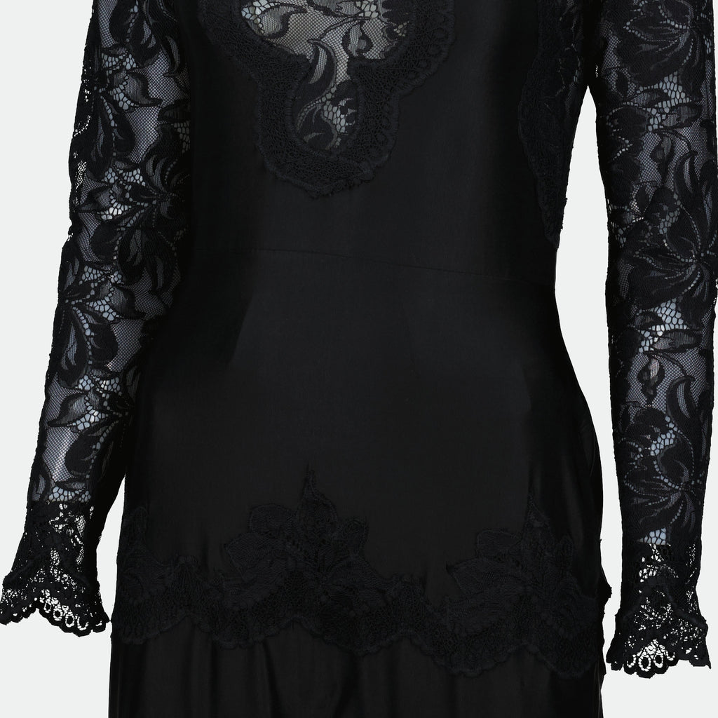 black lace dress, Rabanne dress, long sleeve dress, ankle length dress, embroidered lace dress