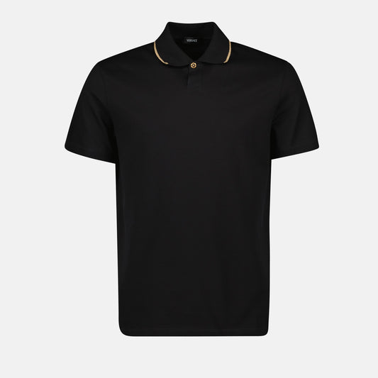 Black Polo, Gold Details Polo, Quality Cotton Polo, Spring-Summer 2025, Ribbed Collar Polo