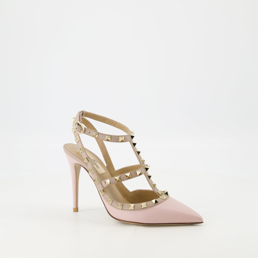 Rockstud heels, pink leather shoes, Valentino Garavani, elegant footwear, ankle strap heels