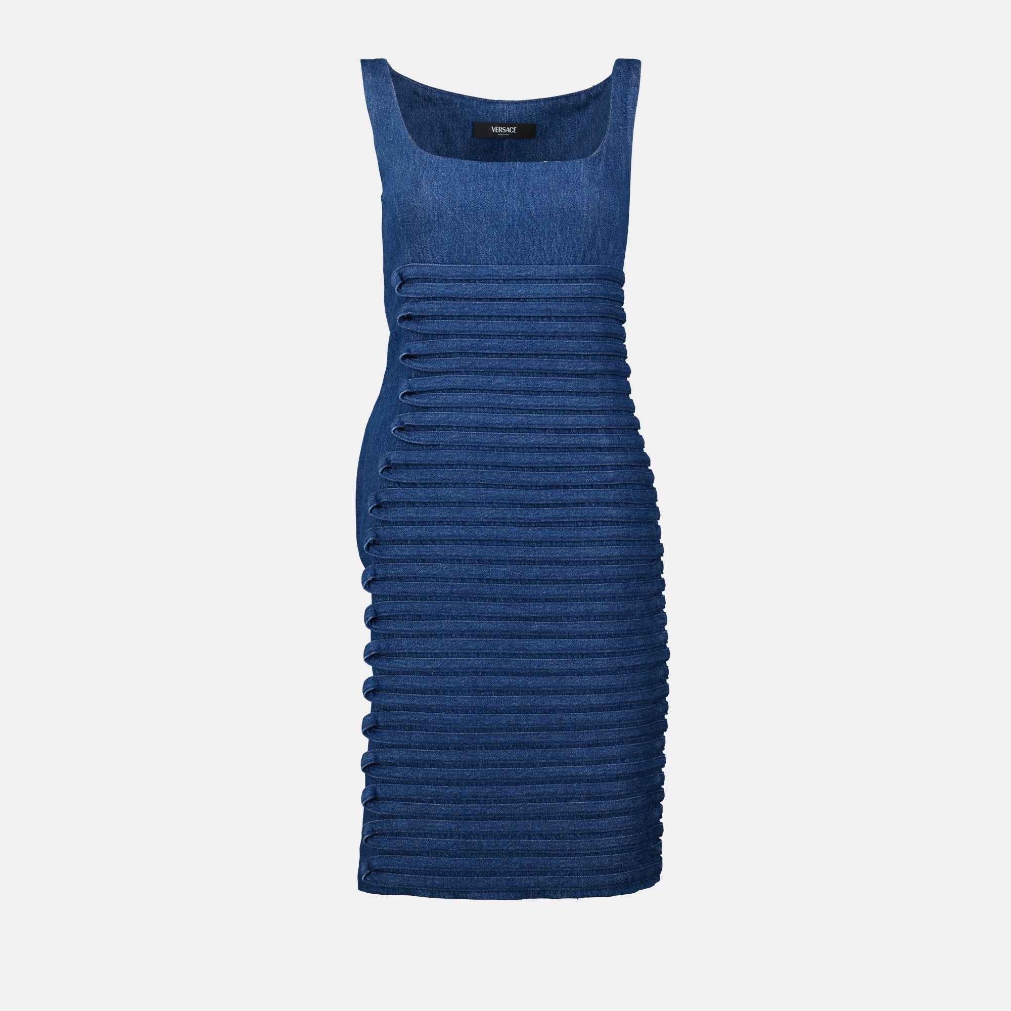 Denim dress, Versace, summer fashion, casual elegance, fitted dress