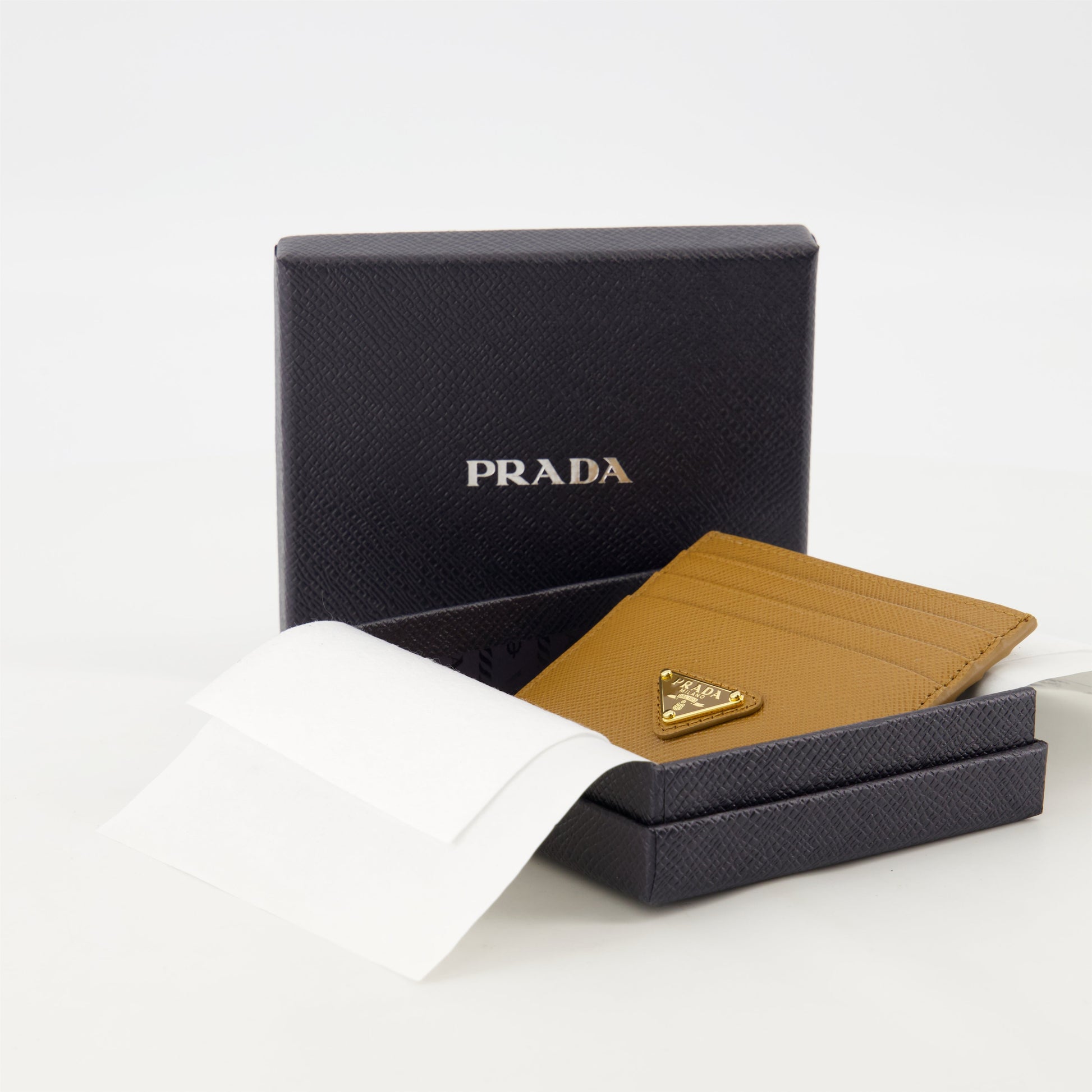 Saffiano leather cardholder, Prada cardholder, luxury accessories, camel leather wallet, designer cardholder