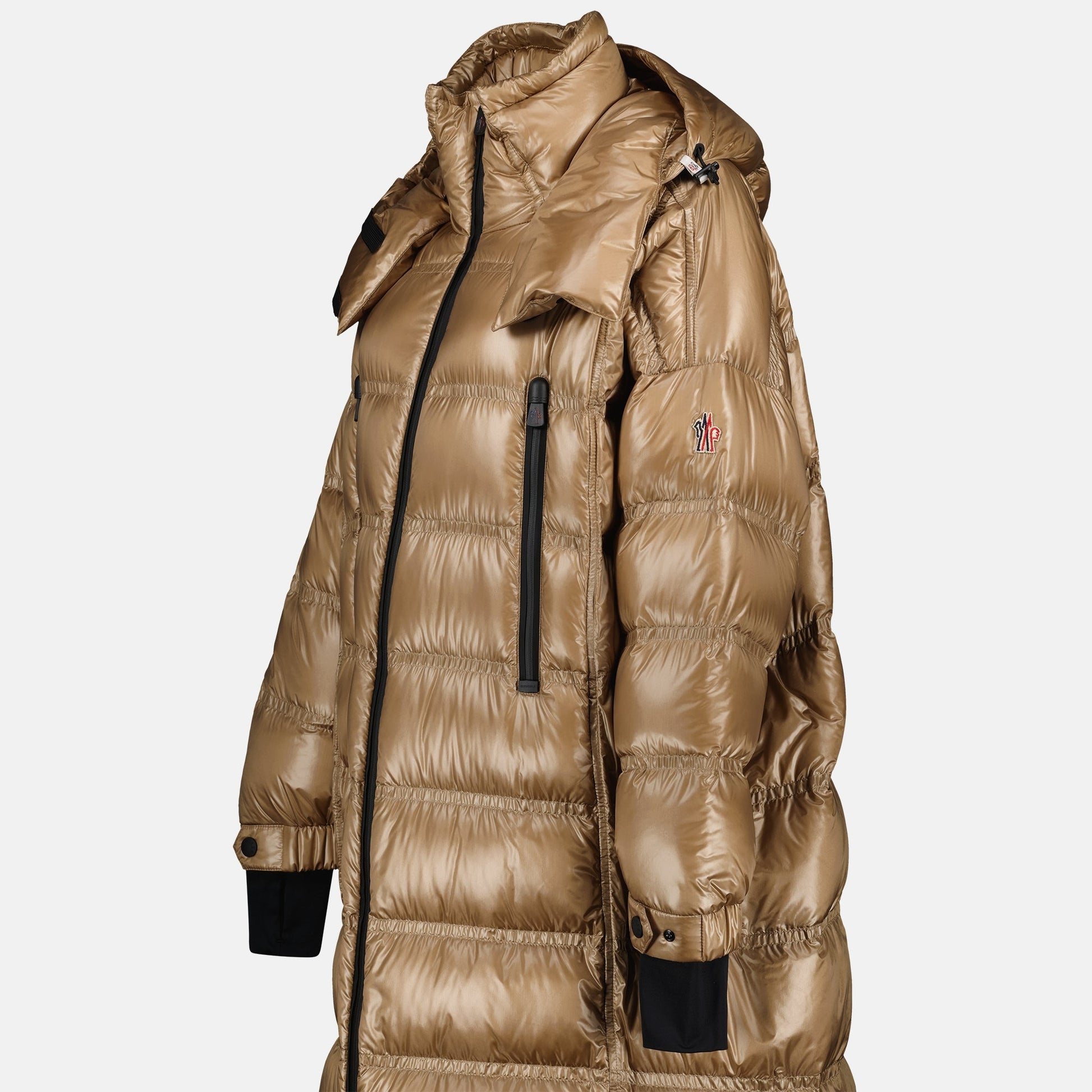 long puffer coat, Moncler Grenoble, high-neck coat, beige winter coat, women's luxury outerwear