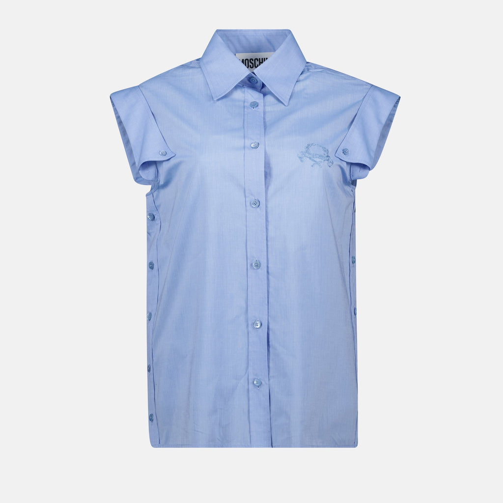 blue shirt, Moschino shirt, short-sleeve shirt, cotton shirt, stylish shirt