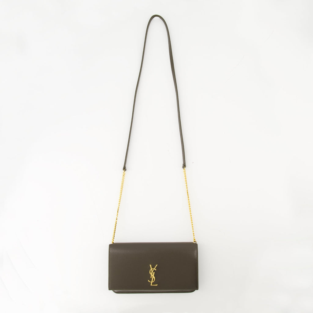 Saint Laurent phone pouch, khaki leather accessory, smooth calf leather pouch, Fall-Winter 2025 collection, detachable shoulder strap