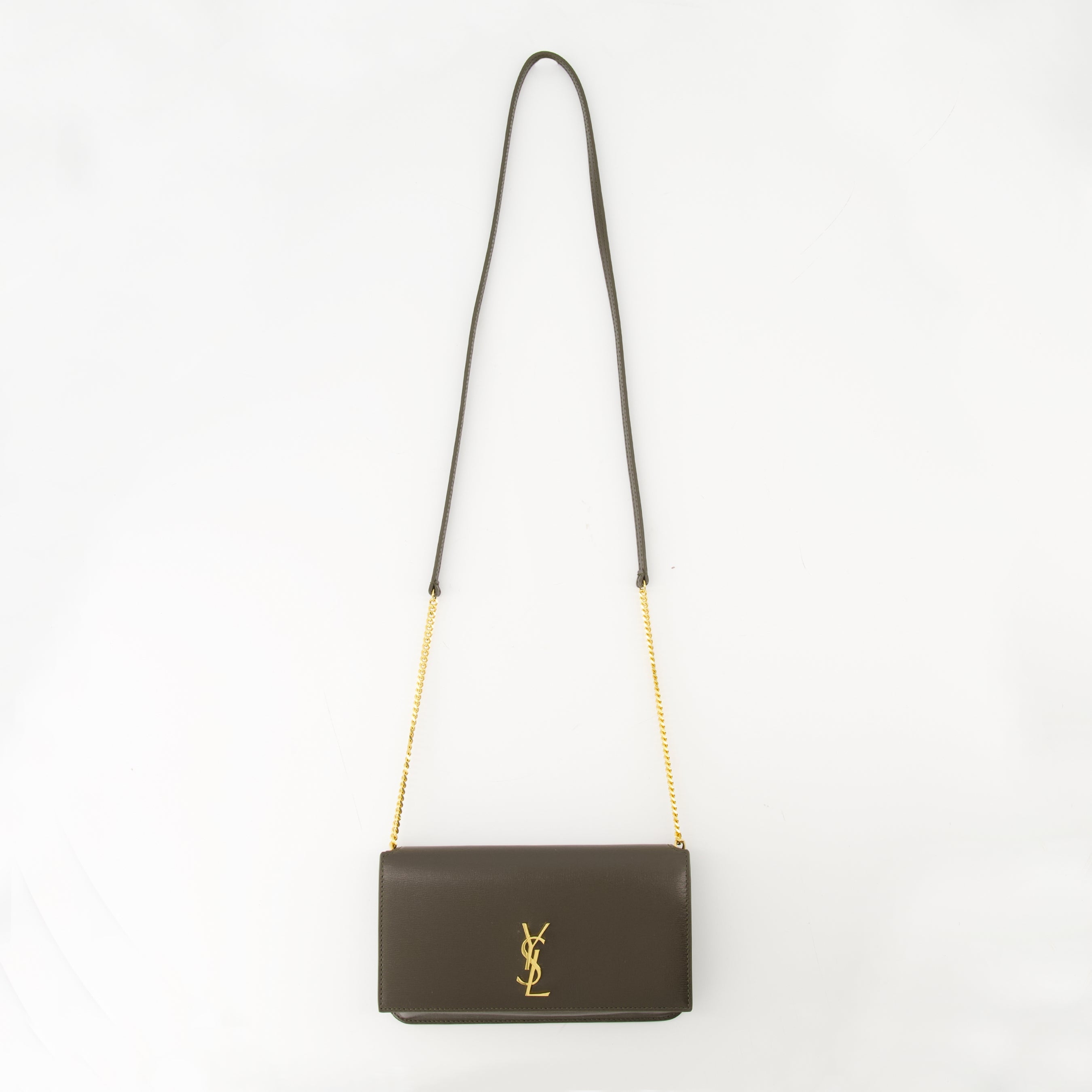 Saint Laurent phone pouch, khaki leather accessory, smooth calf leather pouch, Fall-Winter 2025 collection, detachable shoulder strap