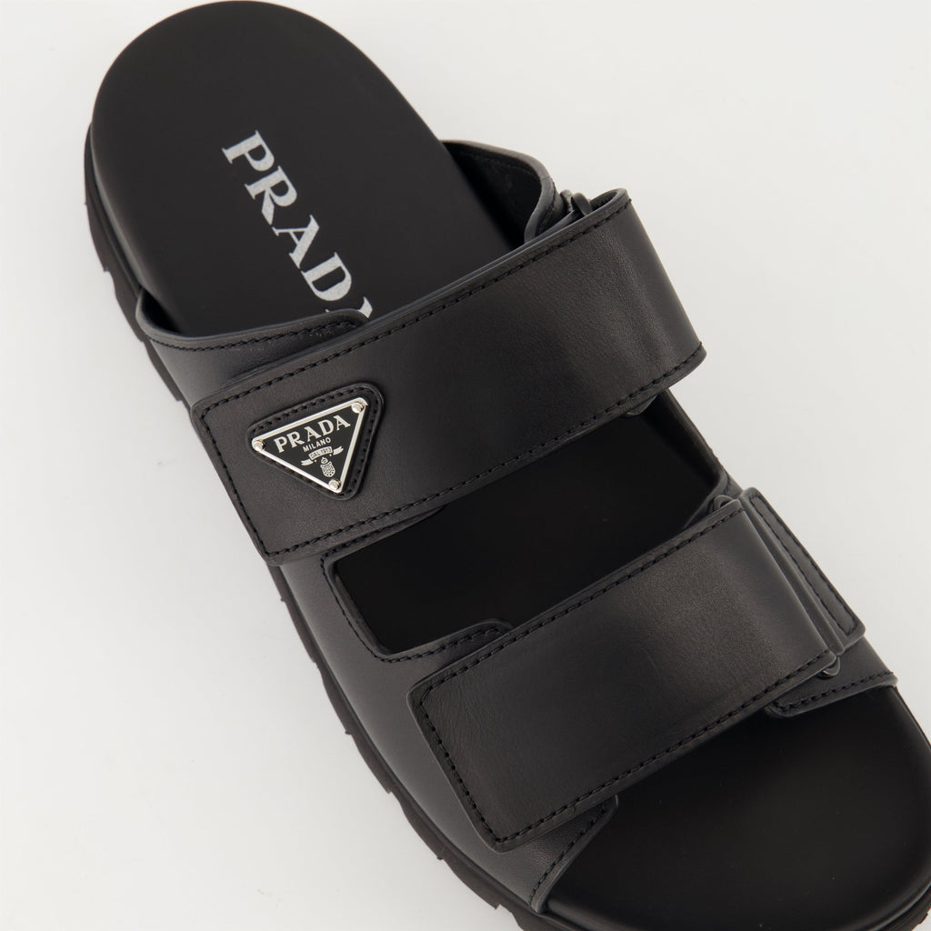 black leather slides, Prada slides, men's leather footwear, stylish casual shoes, comfortable leather sandals
