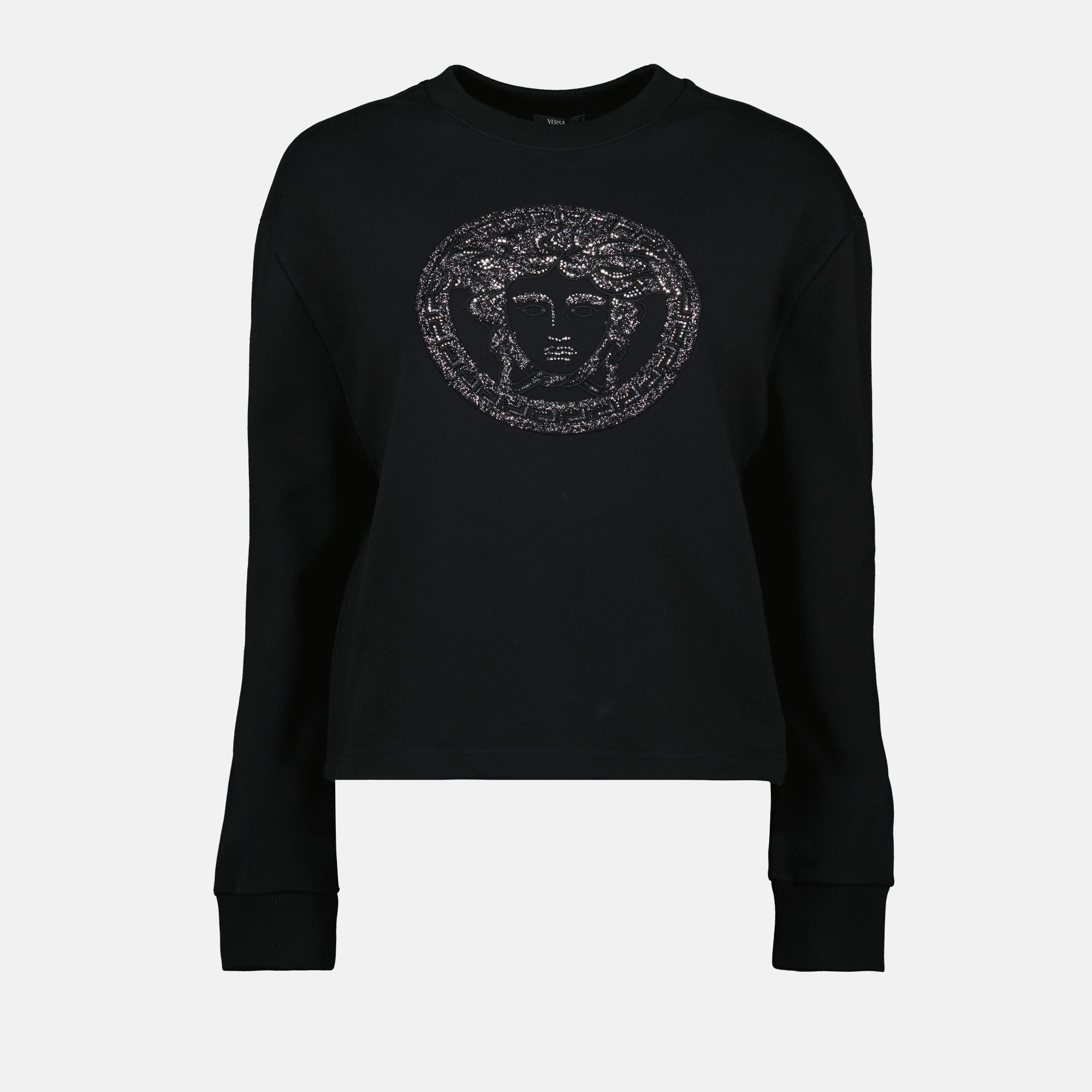 Medusa sweatshirt, Versace apparel, black sweatshirt, women's fashion, statement sweatshirt