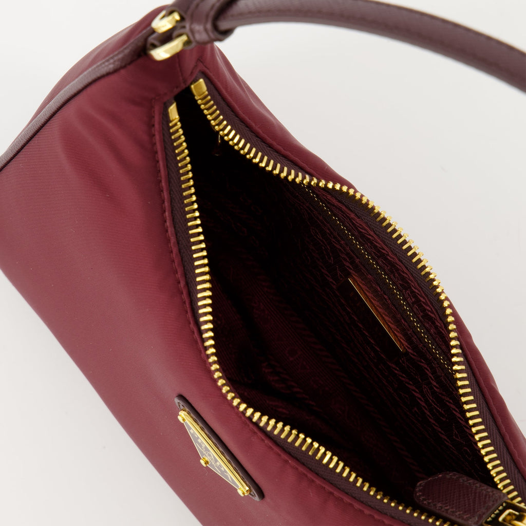 Prada Mini Sac, Re-Edition 2005, bordeaux handbag, recycled materials, sustainable fashion