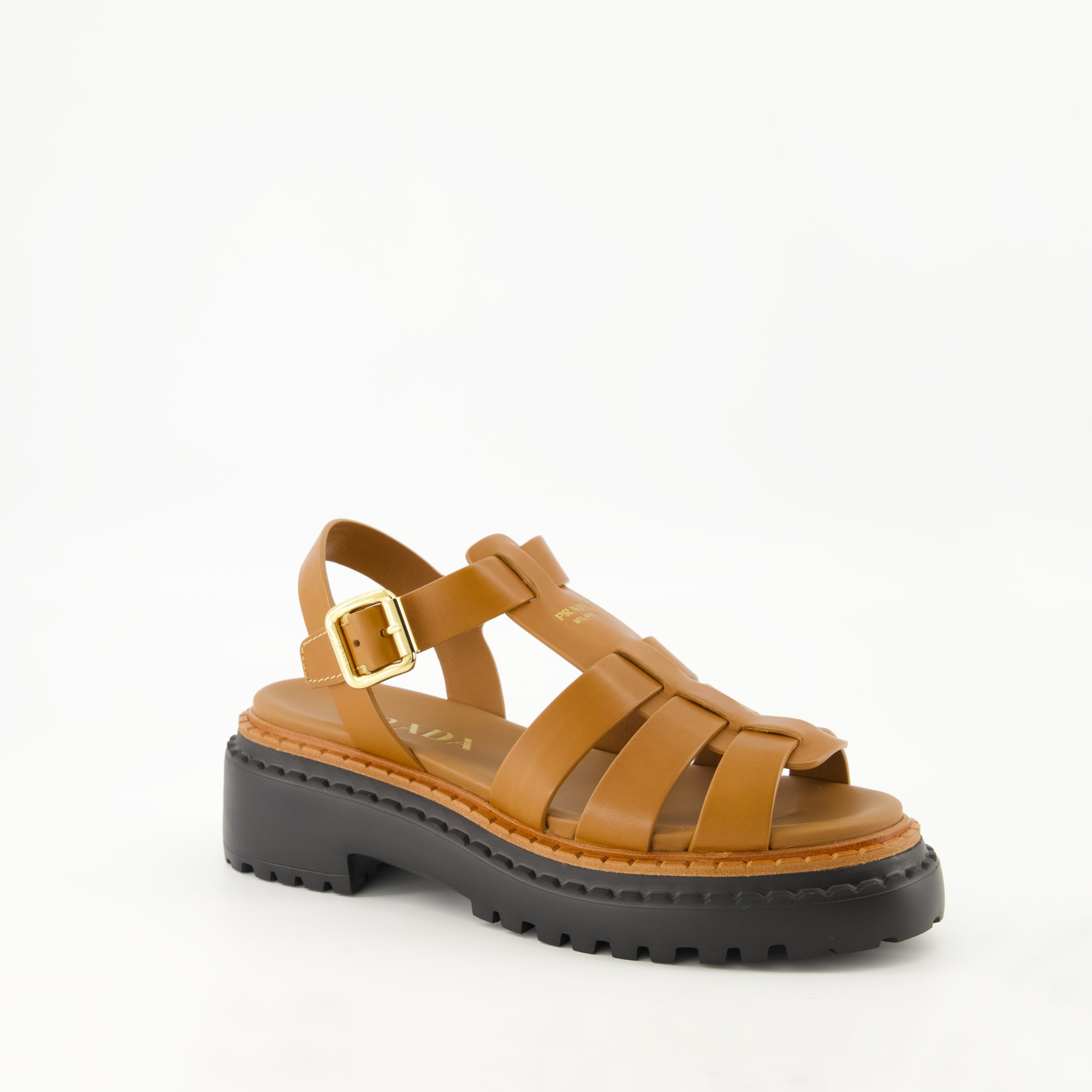 brown leather sandals, adjustable ankle strap, Prada sandals, Spring-Summer 2025, luxury footwear