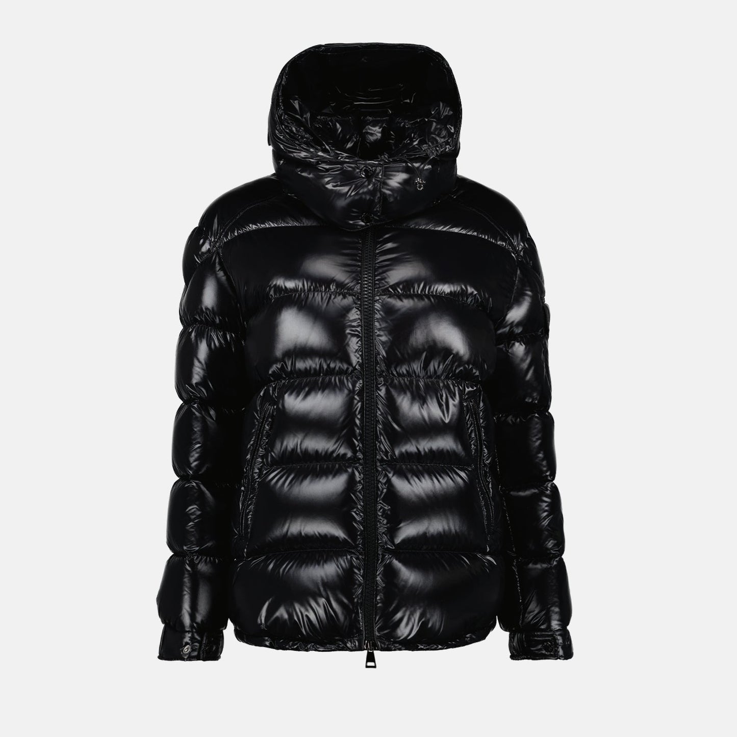 Moncler jacket, nylon puffer jacket, luxury outerwear, winter fashion, high collar jacket