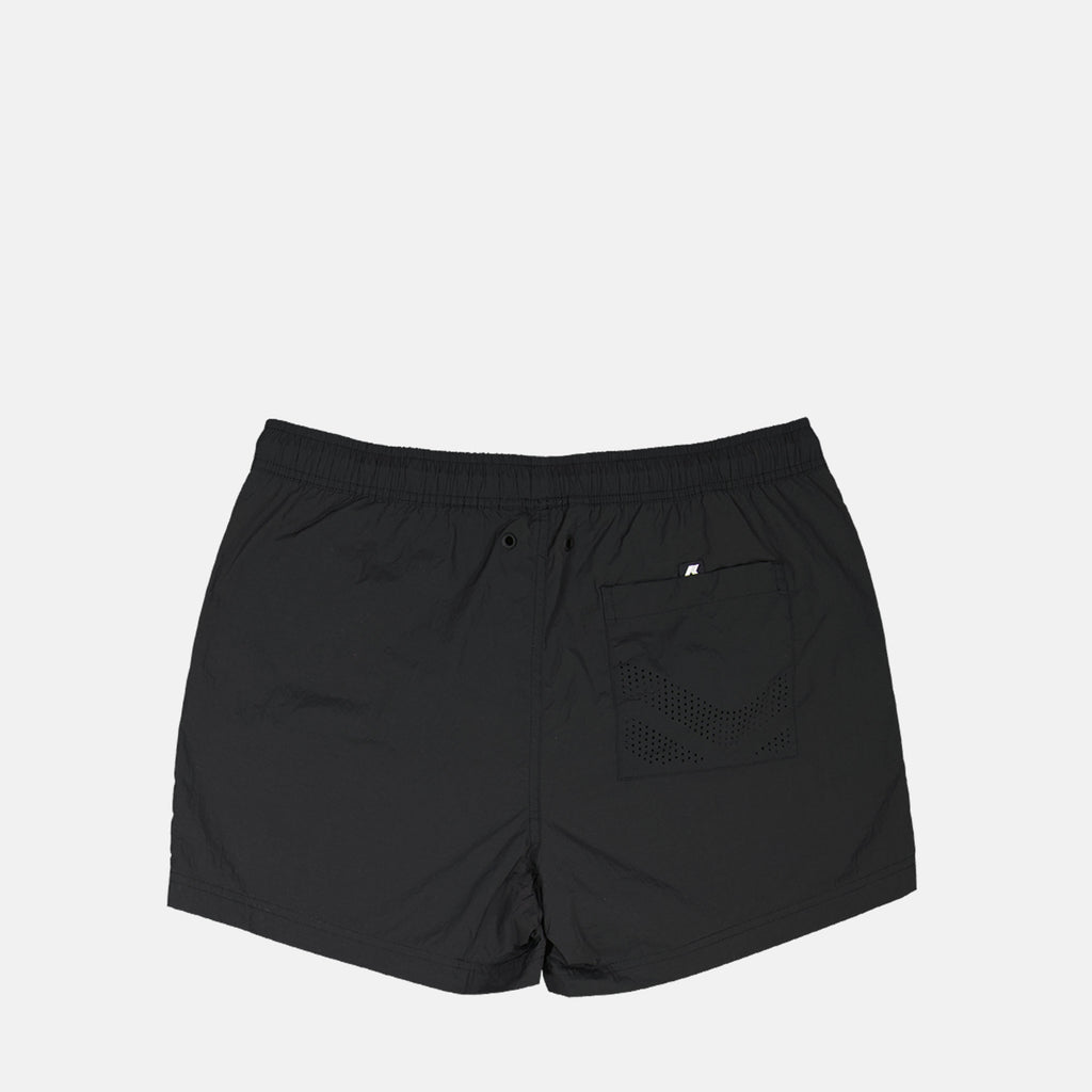 swim shorts, seersucker fabric, black swimwear, practical pockets, summer essentials