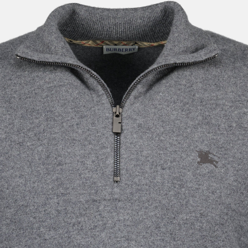 Burberry sweater, cashmere zip-up, gray sweater, high collar sweater, embroidered logo sweatshirt