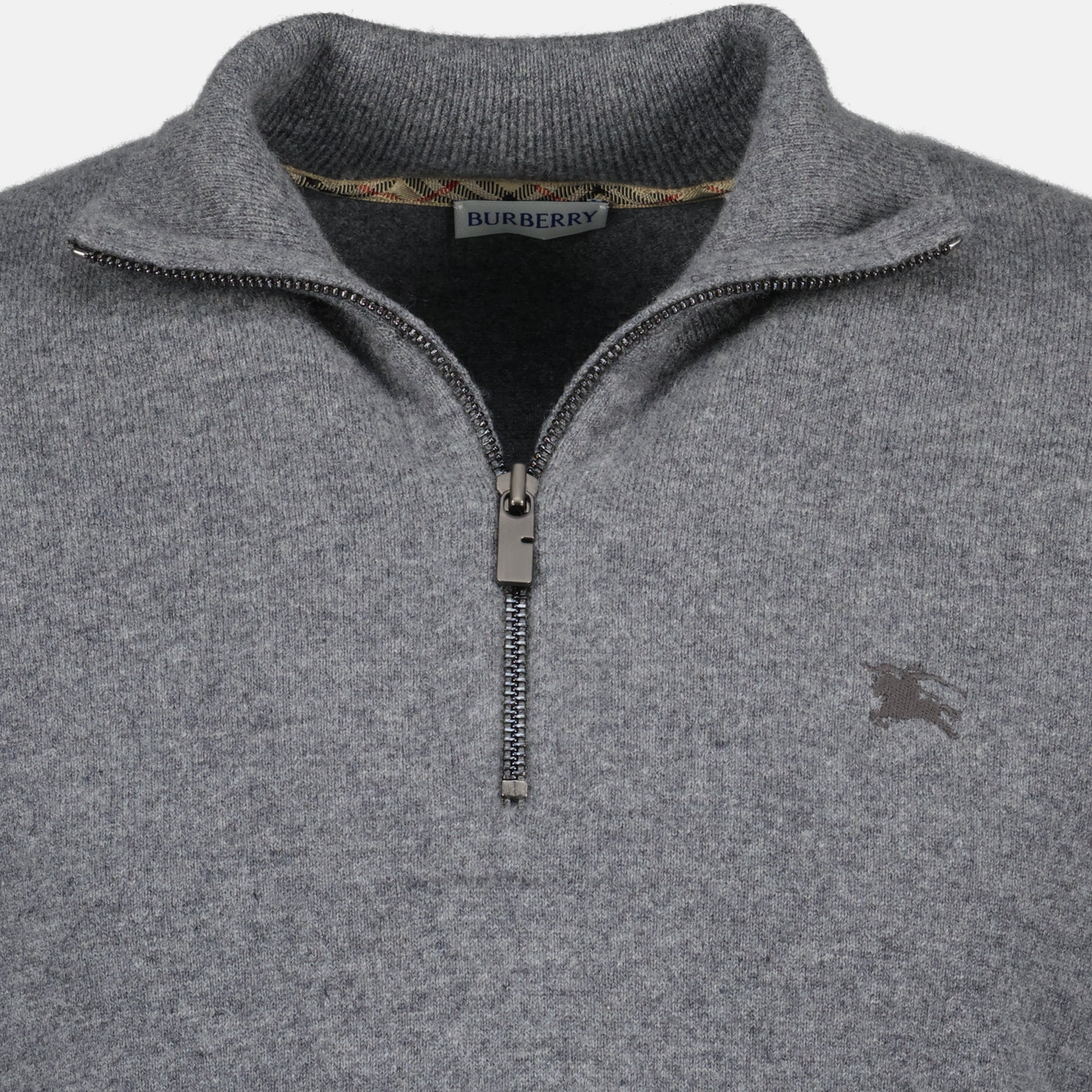 Burberry sweater, cashmere zip-up, gray sweater, high collar sweater, embroidered logo sweatshirt