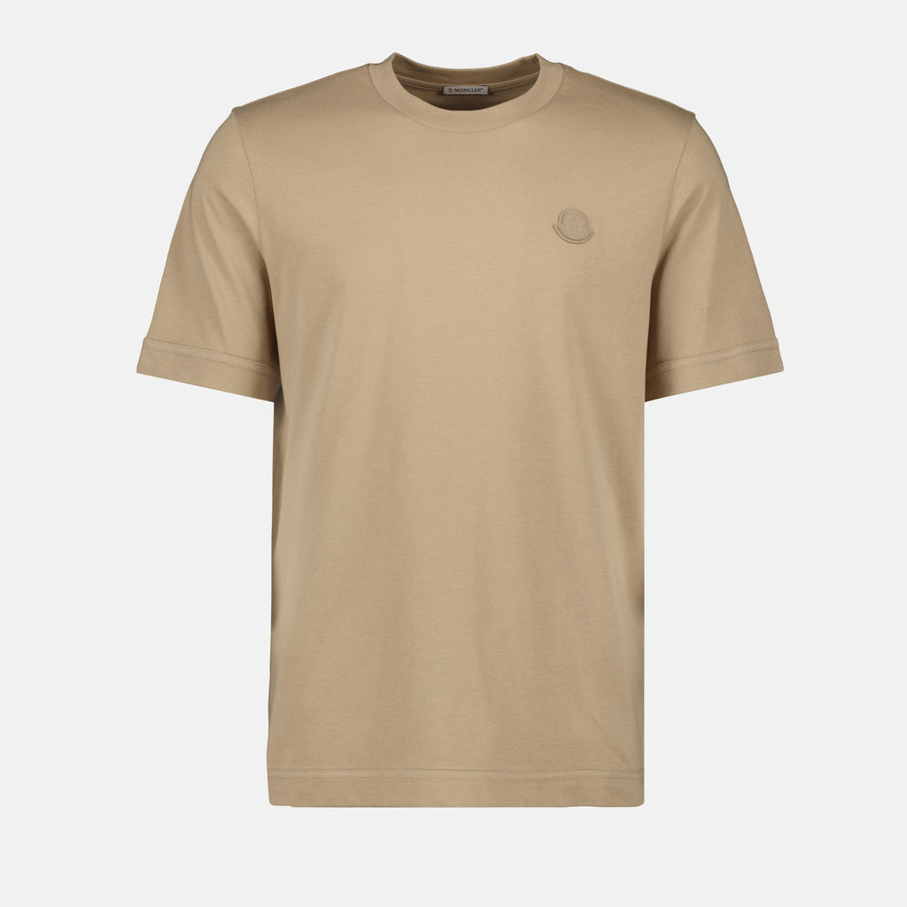 Moncler T-shirt, leather logo shirt, beige T-shirt, cotton jersey shirt, casual wear