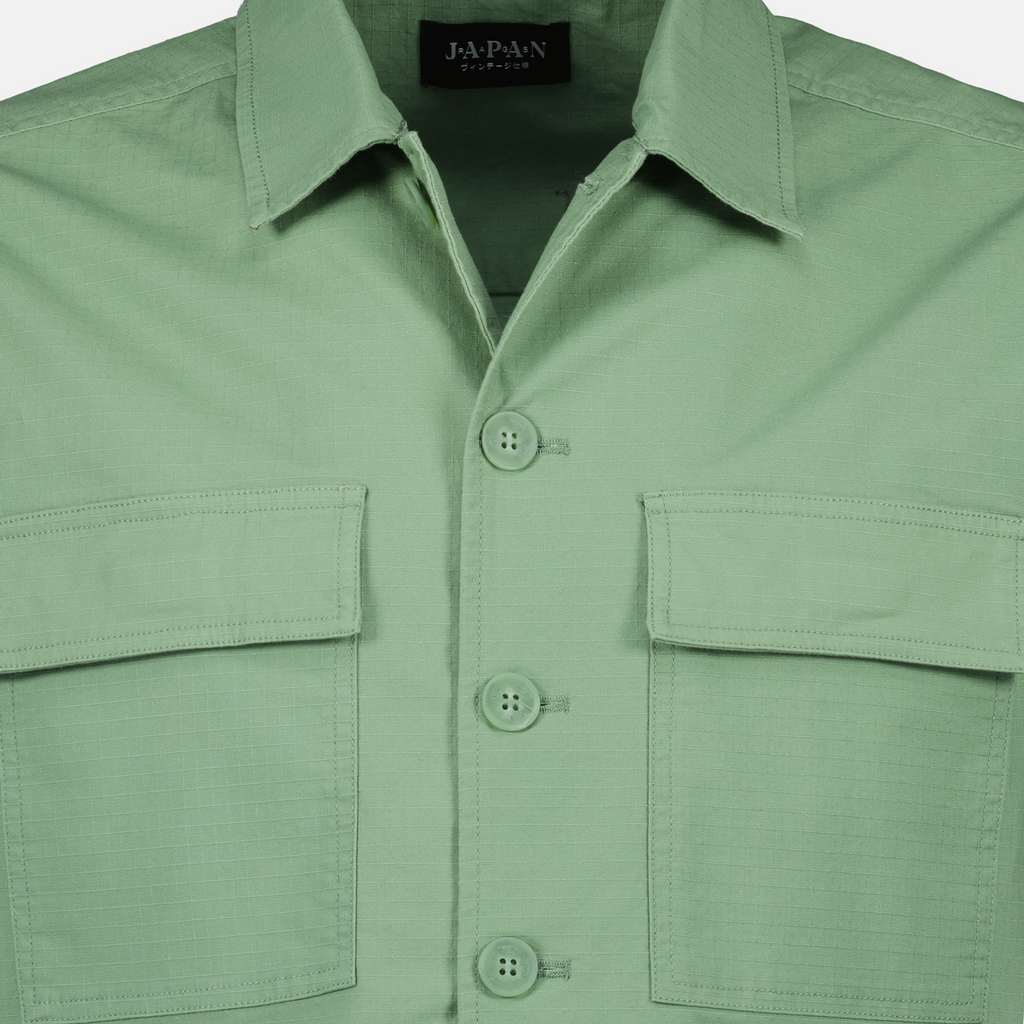 green shirt, cotton shirt, classic collar, short sleeves, Spring-Summer 2025