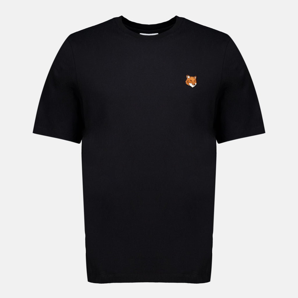 T-shirt nera in cotone con volpe ricamata