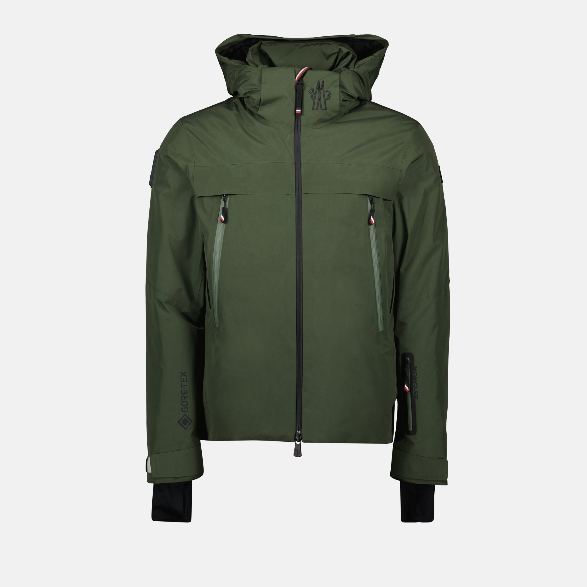 Balmhorn jacket, green nylon jacket, Moncler outerwear, tricolor details, adjustable hood
