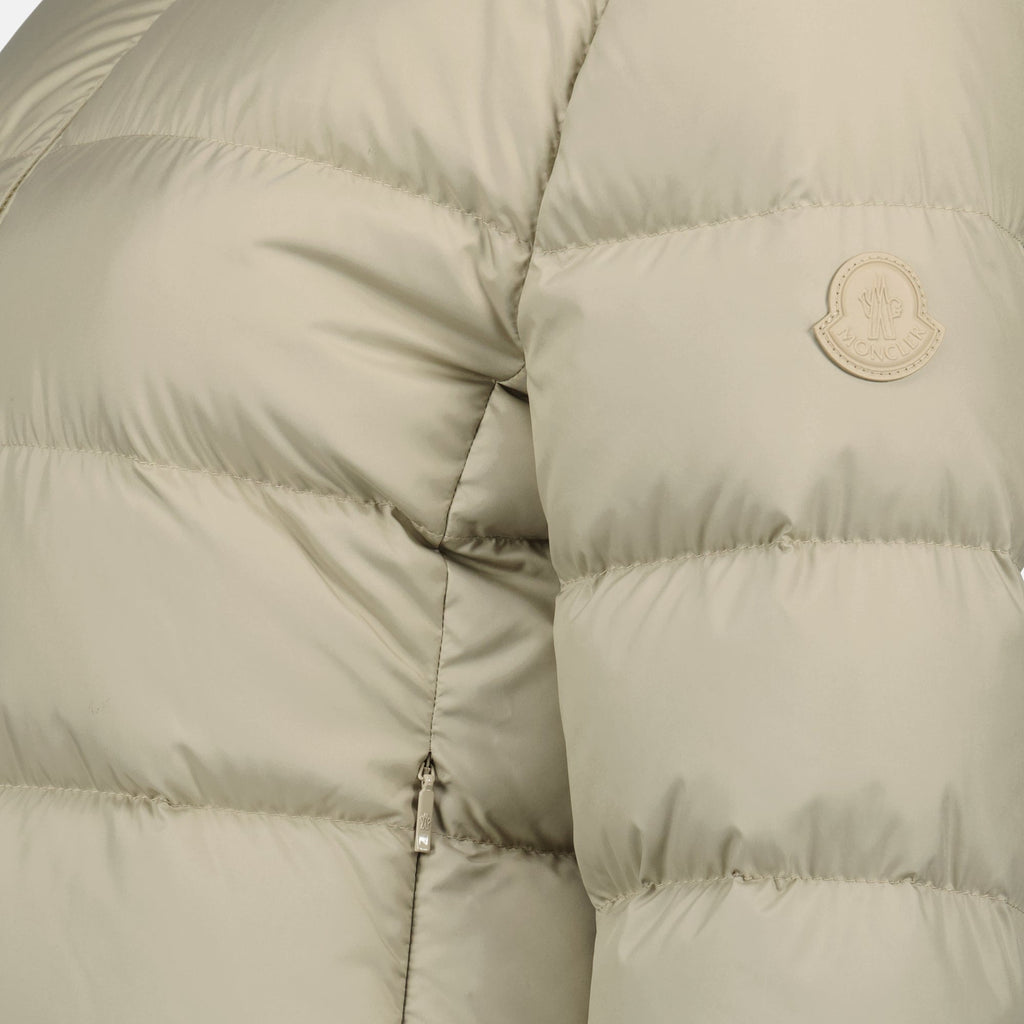 Moncler jacket, beige down jacket, Autumn-Winter collection, women's outerwear, cozy wool blend