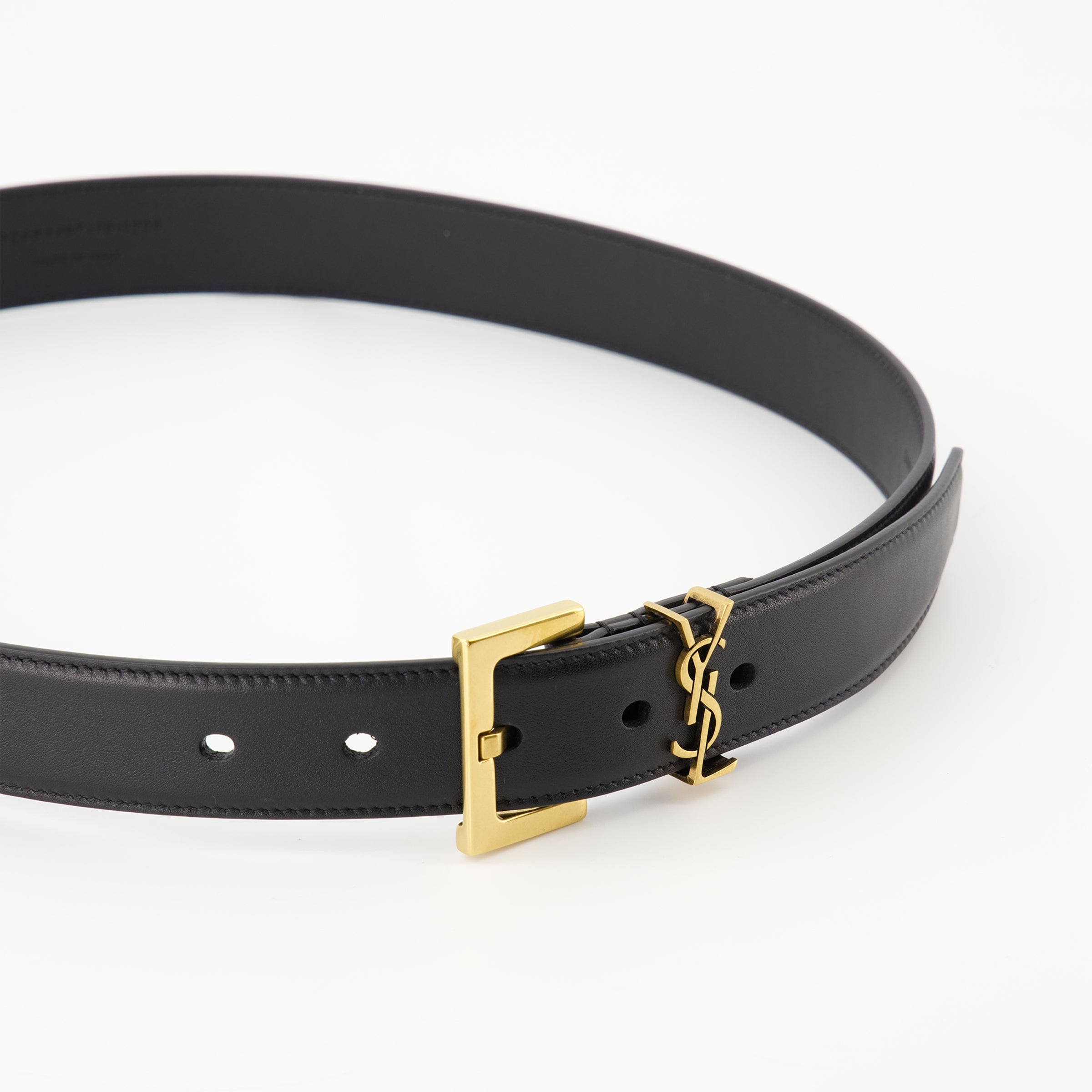 black leather belt, Saint Laurent belt, Cassandre logo belt, adjustable belt, luxury accessories