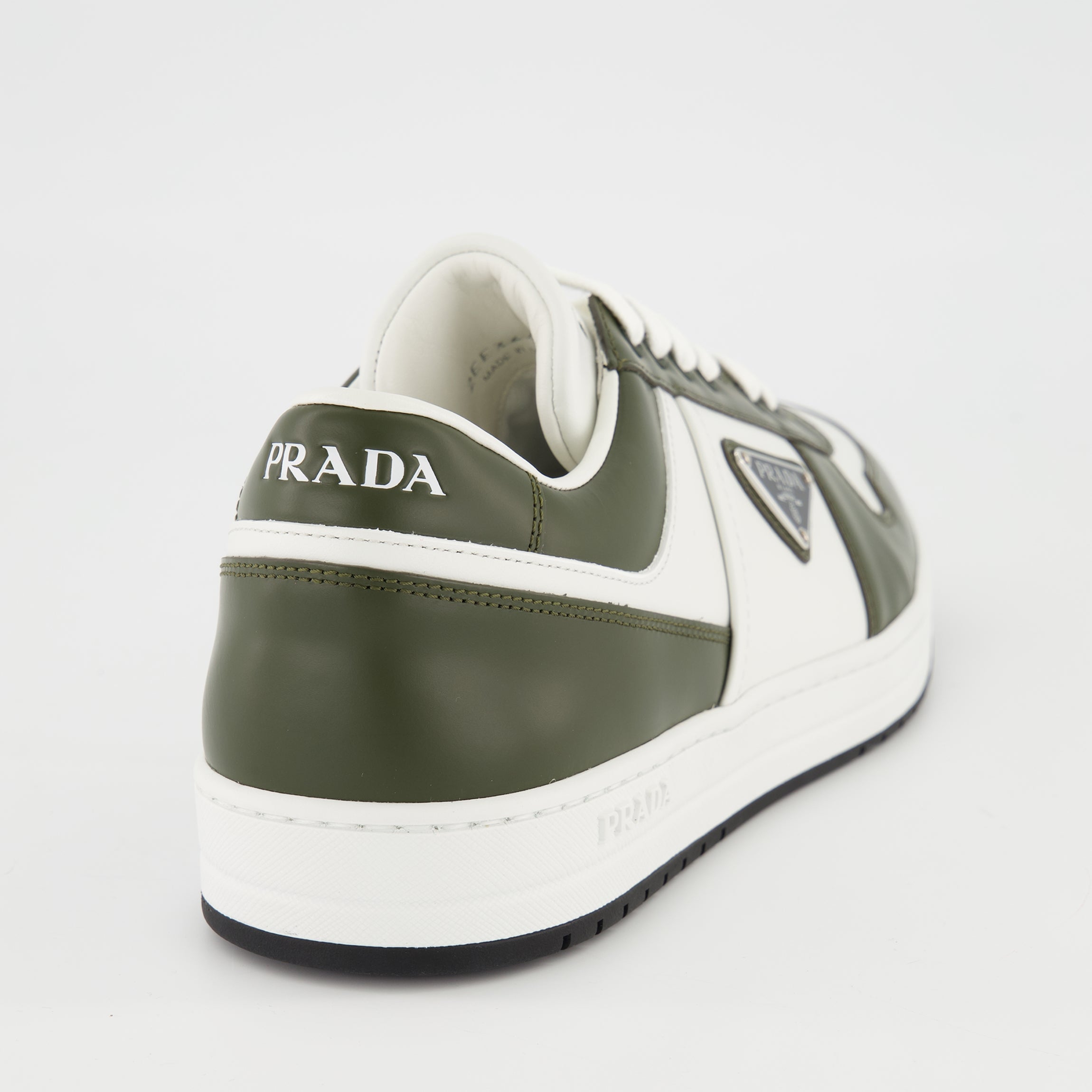 Prada sneakers, Downtown model, calf leather shoes, khaki and white sneakers, men's footwear
