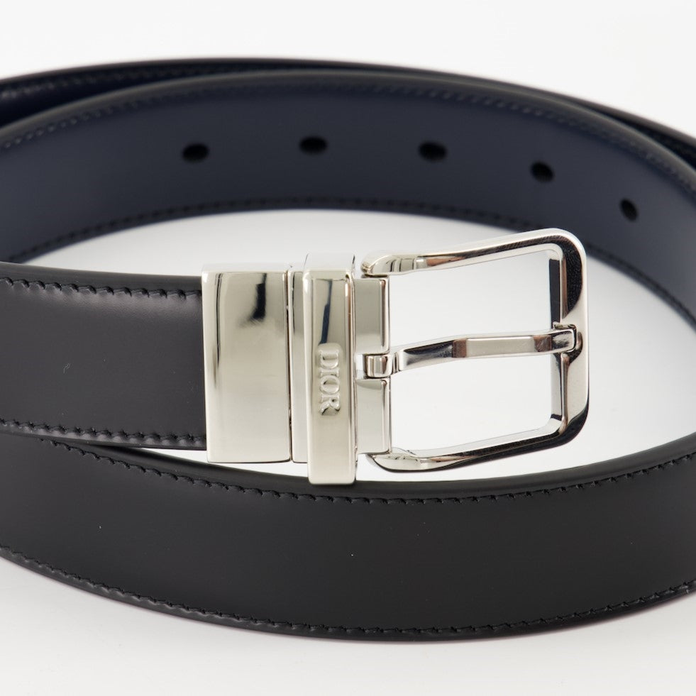 reversible leather belt, Dior belt, luxury accessory, black and navy belt, smooth leather belt