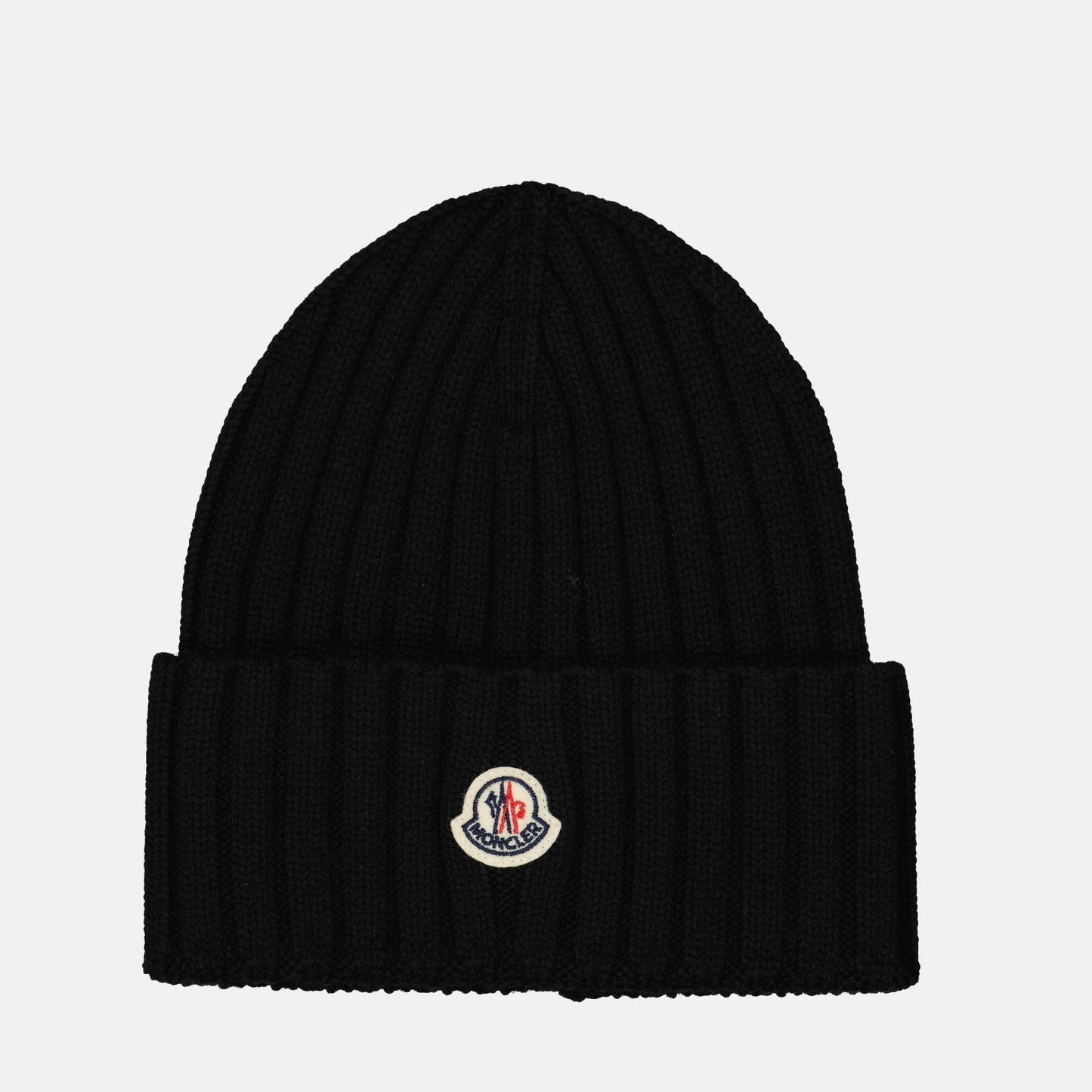 black wool beanie, embroidered logo, winter accessory, Moncler beanie, fashion headwear