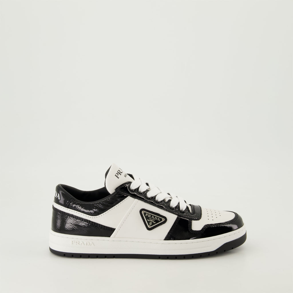 black patent sneakers, geometric tread pattern, lace-up design, removable leather insole, two-tone sneakers