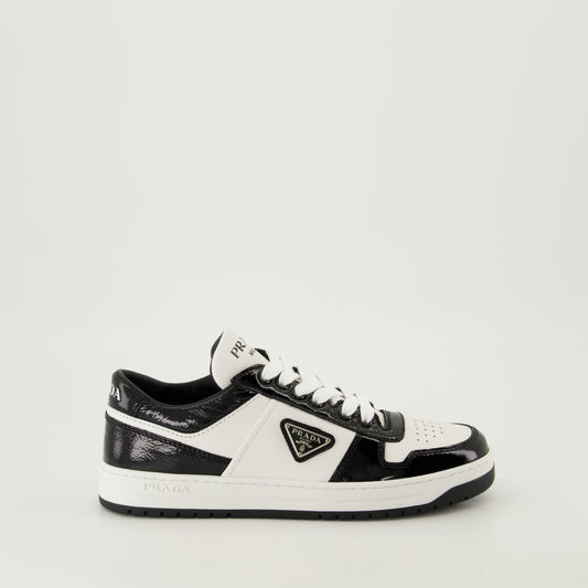 black patent sneakers, geometric tread pattern, lace-up design, removable leather insole, two-tone sneakers