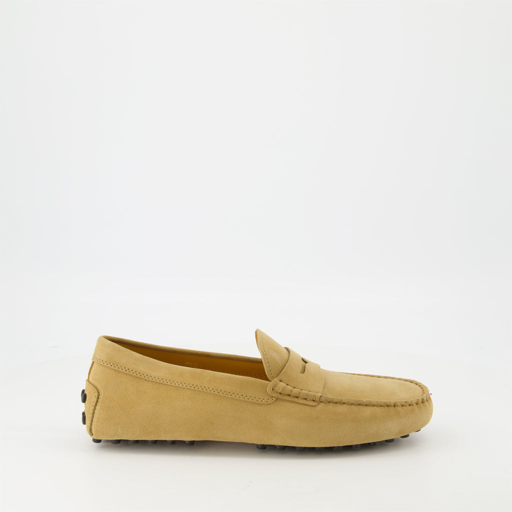 Tod's loafers, Gommino suede loafers, beige loafers, luxury footwear, designer shoes