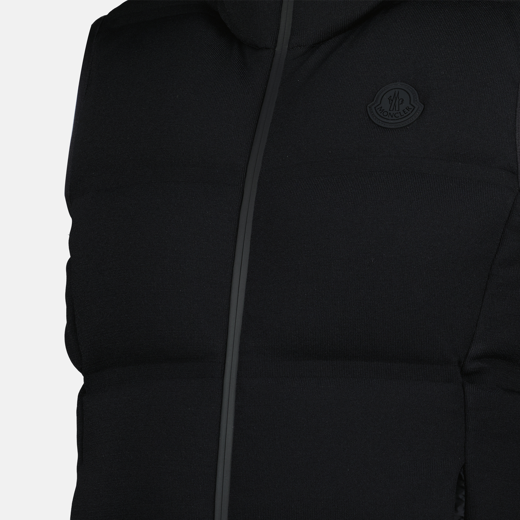 black sleeveless jacket, Moncler, contemporary design, women's outerwear, nylon jacket