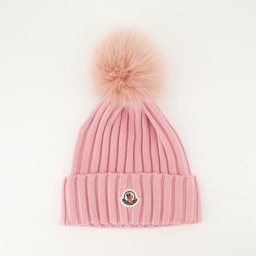 Moncler beanie, pink pom pom beanie, luxury knitwear, Fall-Winter 2024, ribbed knit hat