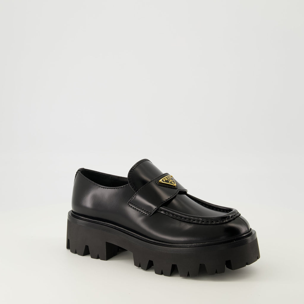 Prada moccasins, black leather shoes, slip-on footwear, rounded toe moccasins, Autumn-Winter collection