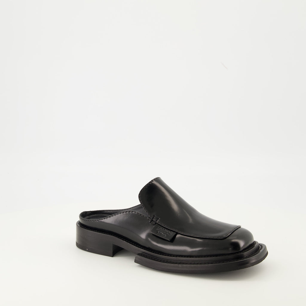 Moschino mules, patent leather footwear, black mules, comfortable slip-on shoes, women's designer shoes
