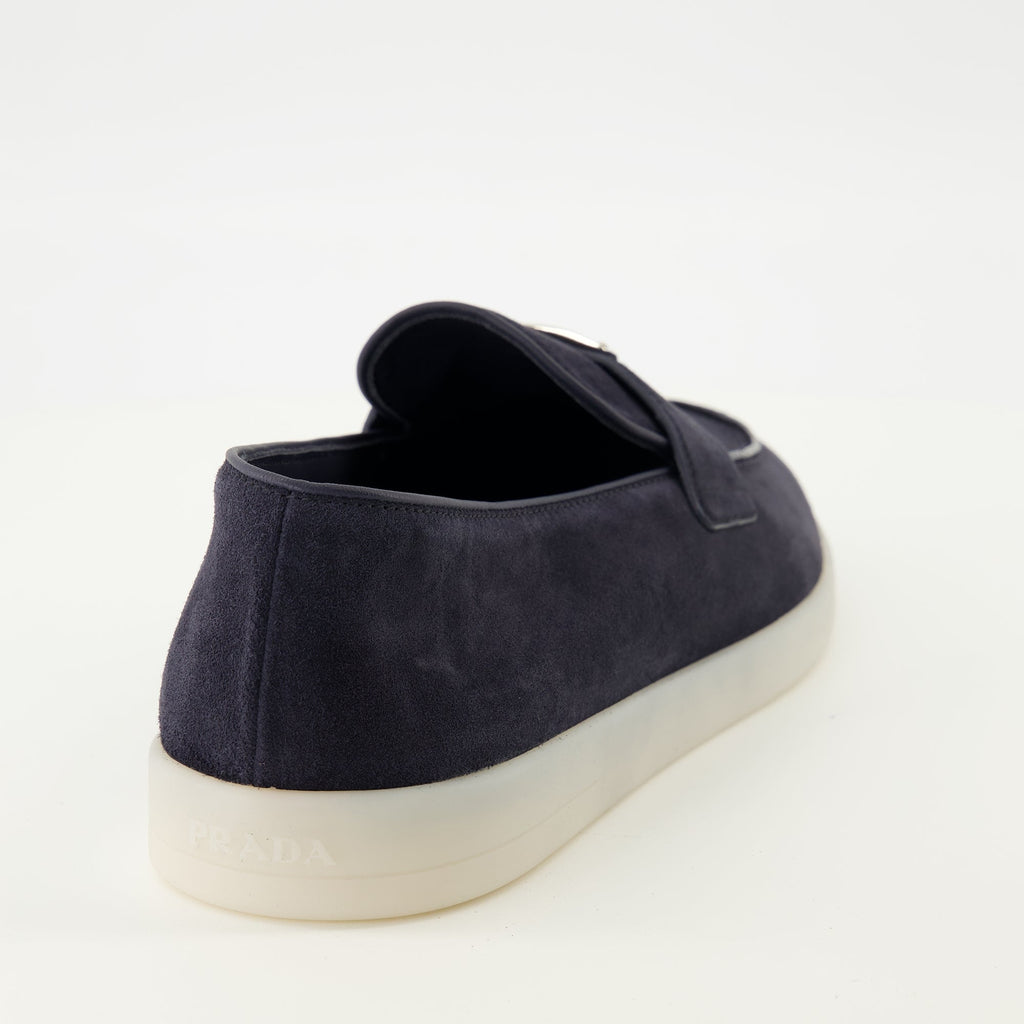 Prada loafers, navy blue suede shoes, slip-on footwear, triangle logo, men's designer shoes