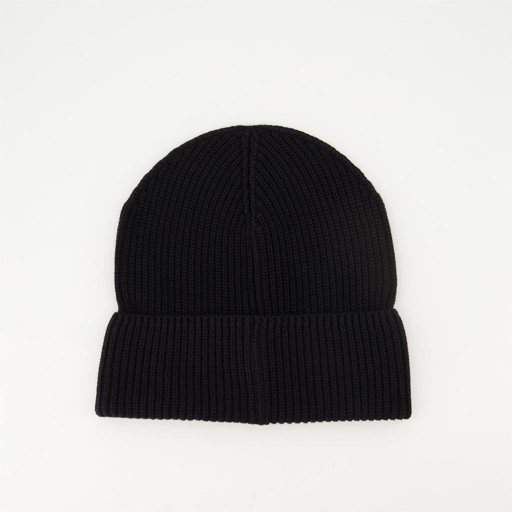 black knit bonnet, Moncler logo, Spring-Summer 2025, ribbed cotton accessory, stylish headwear
