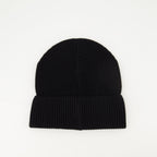 black knit bonnet, Moncler logo, Spring-Summer 2025, ribbed cotton accessory, stylish headwear